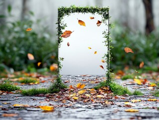 A mirror framed by greenery stands in a forest clearing, reflecting the sky, with autumn leaves scattered around.