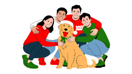 Naklejka premium Holiday Cheer with Furry Friend: A heartwarming scene unfolds as a group of friends gathers around a cheerful golden retriever, embodying the spirit of the holiday season, with a festive hat.