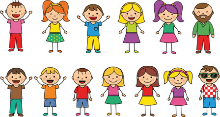 Happy cartoon kids and adults in colorful outfits, smiling and waving, ideal for education, family themes, classroom posters, and playful children’s illustrations.
