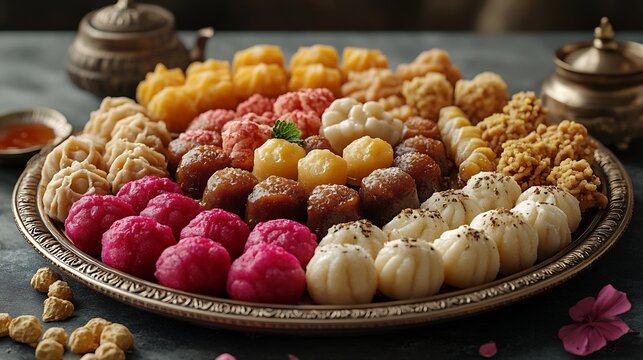 Platter of Indian sweets including gulab jamun rasgulla jalebi and barfi arranged beautifully with vibrant colors highlighting the joy of celebrations