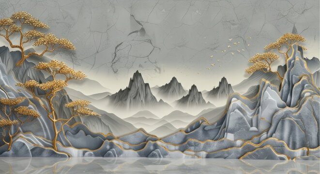 Artistic Abstract Mountain Landscape with Golden Trees, Misty Peaks, and Serene Reflective Water in Contemporary Style