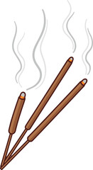  A simple, flat vector cartoon illustration depicting three lit incense sticks burning with wavy smoke rising from the tips.