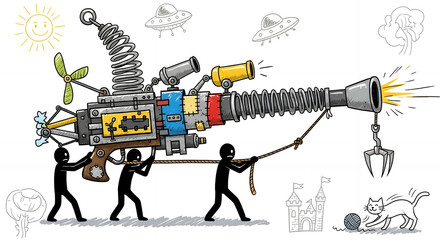 Team effort operates a complex, inventive, cartoon contraption