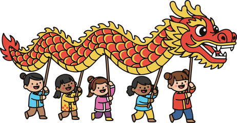 A flat vector cartoon illustration featuring five happy, diverse children performing a traditional Chinese dragon dance with a long, red and yellow dragon costume.
