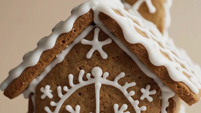 Close up of a festive gingerbread house with white icing decorations.