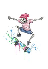 Obraz premium Skeleton Skateboarding Cartoon Illustration - A fun cartoon illustration of a skeleton wearing casual clothes and a beanie, skateboarding with colorful paint splatters