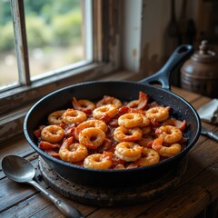 Golden Pan-Seared Shrimp Sautéed in Cast-Iron Skillet by a Rustic Sunlit Window