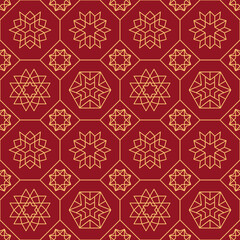 A seamless Islamic geometric pattern in dark red with fine gold lines. Elegant Arab-style motifs create a rich ornamental background perfect for decor, textiles, and luxury designs.
