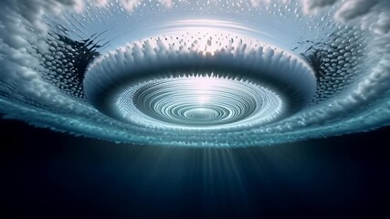 Abstract blue liquid vortex swirling around a bright center light in a seamless 3D animation, illustrating a sci-fi portal or spiritual tunnel background. - Powered by Adobe