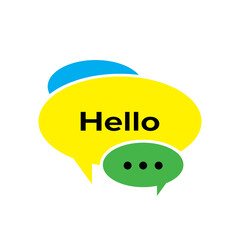 Comment, chat icon. Speech bubble symbol. Colorful image of a text message. Dialogue symbol, isolated. Blue, yellow and green sticker. Raster icon.