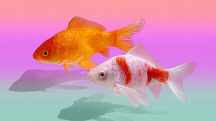 Colorful goldfish swimming gracefully in a serene aquatic environment, showcasing vibrant scales and fluid movements, creating a captivating underwater scene with a dreamy background