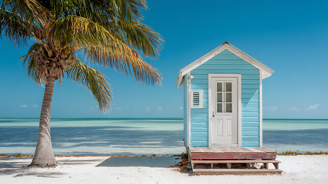 Tropical beach hut beside a palm tree on a clear day ocean