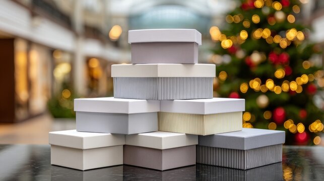 Stacked gift boxes in various colors and textures, arranged on a reflective surface, with a beautifully decorated Christmas tree and soft bokeh lights in the background, creating a festive atmosphere