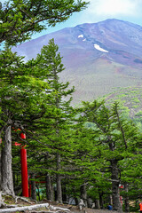 fifth station on mount fuji, view on the top with some clouds, japan