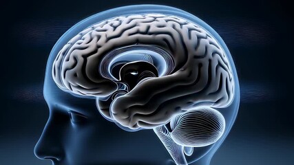 Rotating 3D human brain animation with a blue x-ray scan effect inside a transparent head, visualizing neurology and anatomy concepts in a seamless loop. - Powered by Adobe