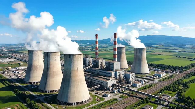 Aerial shot of a coal power plant with cooling towers emitting steam, set against a blue sky and green landscape. Focus on industrial energy generation.