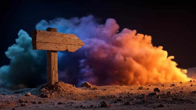 A rustic wooden arrow points left against a dark, cloudy sky and a desert landscape
