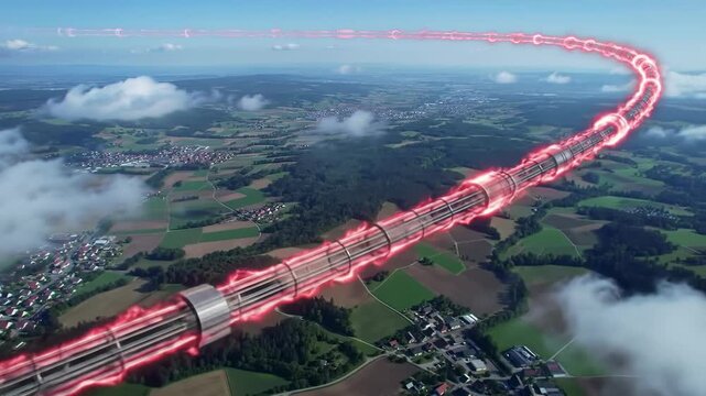 Aerial shot of a hyperloop train with red glow effect, surrounded by green landscapes and clouds. Depicts futuristic transportation and high-speed travel concept.