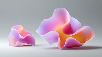 Abstract colorful sculptures made of translucent material, showcasing flowing shapes and gradients of pink, orange, and purple, creating a modern artistic display in a minimalist setting