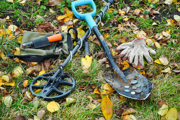 A metal detector, shovel, and gloves rest on the ground surrounded by colorful autumn leaves....