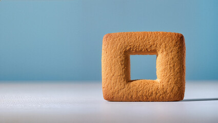 Square cookie with cutout center on blue background – minimal dessert concept and sweet simplicity