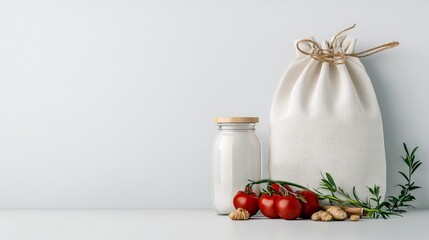 A reusable cloth bag stands next to a glass jar filled with milk and surrounded by fresh tomatoes, ginger, and herbs, suggesting sustainable living and healthy