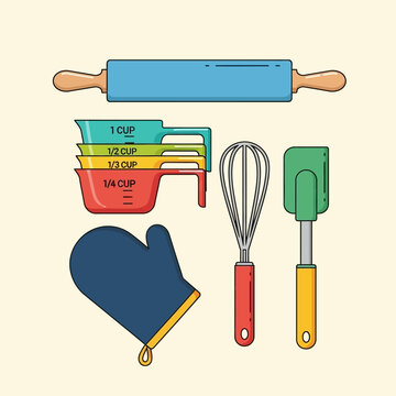 A collection of colorful baking utensils including a rolling pin, measuring cups, whisk, spatula, and an oven mitt.