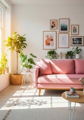 Obraz premium Sunny Living Room with Pink Sofa - A bright and airy living room with a pink sofa, plants, and natural light. Modern decor creates a cozy and inviting space