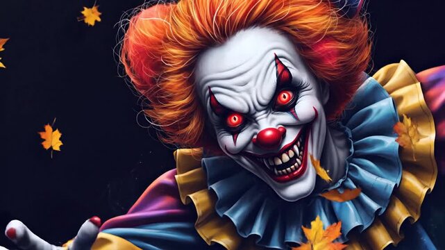 A spooky, eerie clown with menacing red eyes and a terrifying smile, framed by falling autumn leaves, evokes a sense of dread and fear