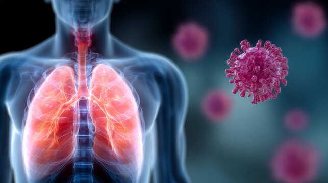 Human respiratory system anatomy illustration showing detailed lungs with vibrant colors, surrounded by virus particles, emphasizing health and disease interaction in a medical context