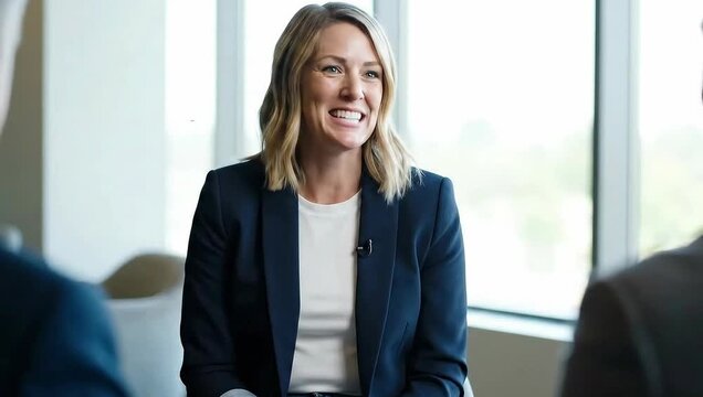 Happy blonde business woman laughing during a corporate meeting in a modern office boardroom