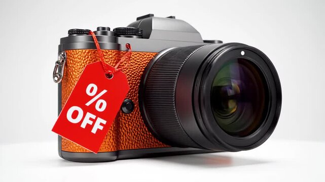 Orange And Black Digital Camera With Red Tag Sale Advertisement On White Surface