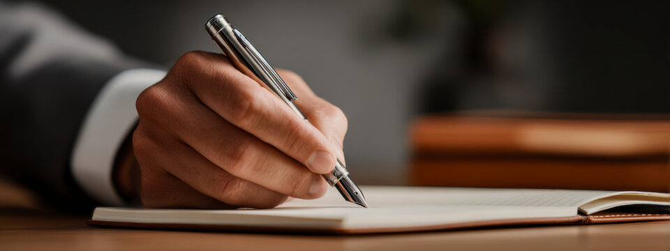Elegant man writing on paper with a silver fountain pen on desk.