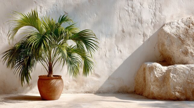 Potted palm plant with lush green fronds positioned beside textured stone wall, casting shadows on the floor, creating a serene and tranquil indoor atmosphere with natural elements