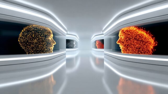 Abstract digital art installation featuring glowing human profiles made of particles, illuminated in a futuristic corridor with sleek lines and reflective surfaces, creating a captivating visual exper