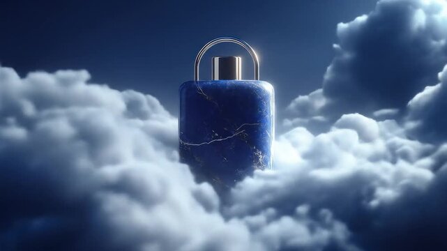 A dark blue marbled rectangular object floats amid white clouds, with a shiny handle and metallic top