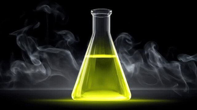 A glowing beaker containing a yellow liquid is surrounded by wisps of smoke, set against black
