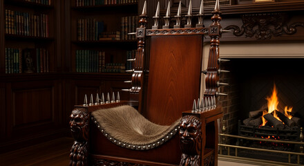 Ornate spiked throne in classic library with roaring fireplace.
