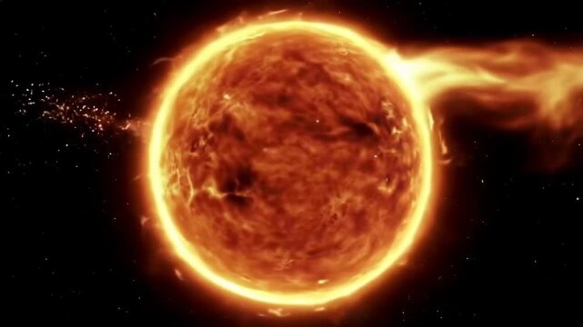 Animated sun with orange color and flowing solar flares on a dark background, showcasing energy and the vastness of space in vivid detail.