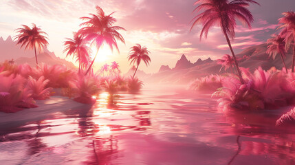 Pink and purple water with palm trees and soft sand creates a dreamy tropical scene.