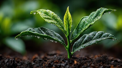 Green Plant Growth Seedling with Water Droplets on Leaves in Soil