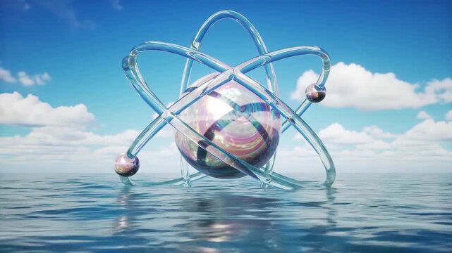 Detailed atom model floating on water under a clear sky. Concept of scientific study, representing molecule, science, chemistry and physics research.