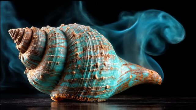 A close-up shot of a textured seashell, with vibrant teal hues and smoky blue fog