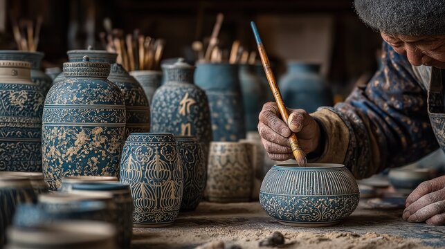 Artisan painting intricate designs on traditional pottery in a workshop.