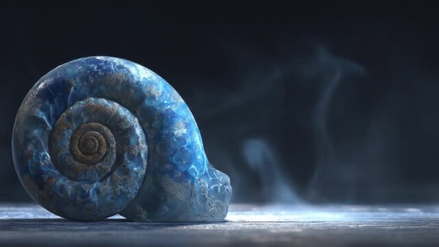A detailed image of a blue, spiraling seashell with a stone-like texture, against a smoky background