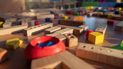 Close-up of educational wooden construction toys on a table, promoting creativity and early learning in a sunlit playroom