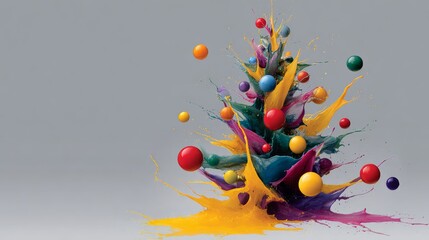 Colorful abstract Christmas tree created with vibrant paint splashes and decorative spheres, showcasing a festive atmosphere and artistic expression for holiday celebrations