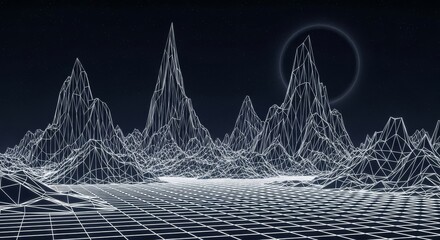 Wireframe Mountain Landscape with Glowing Circle - A low poly wireframe landscape with mountains and a glowing circle set against a dark background