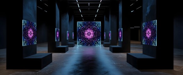 A futuristic gallery beams immersive nft artwork like a digital comet on blockchain technology.