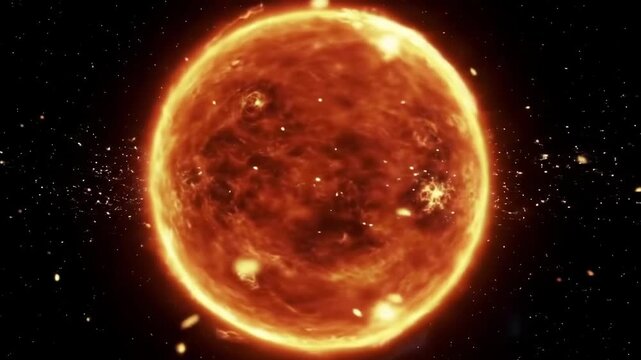 A burning orange star in dark space shows swirling textures and bright glow effects creating an animation of a celestial scene.